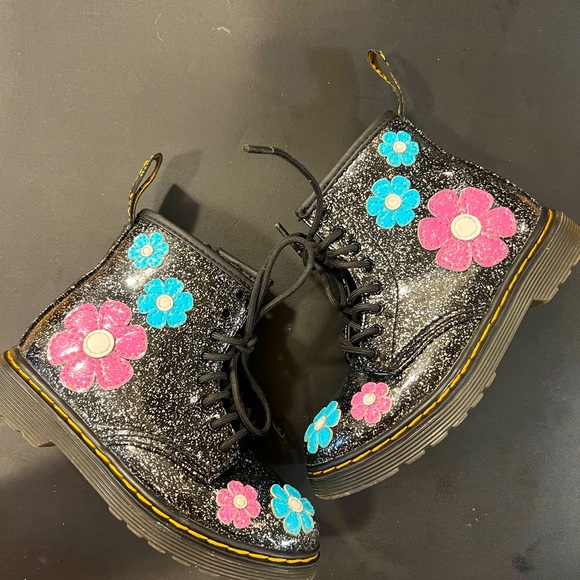Dr. Martens Kids Glitter Boots with Pink and Blue Flowers - Picture 1 of 5